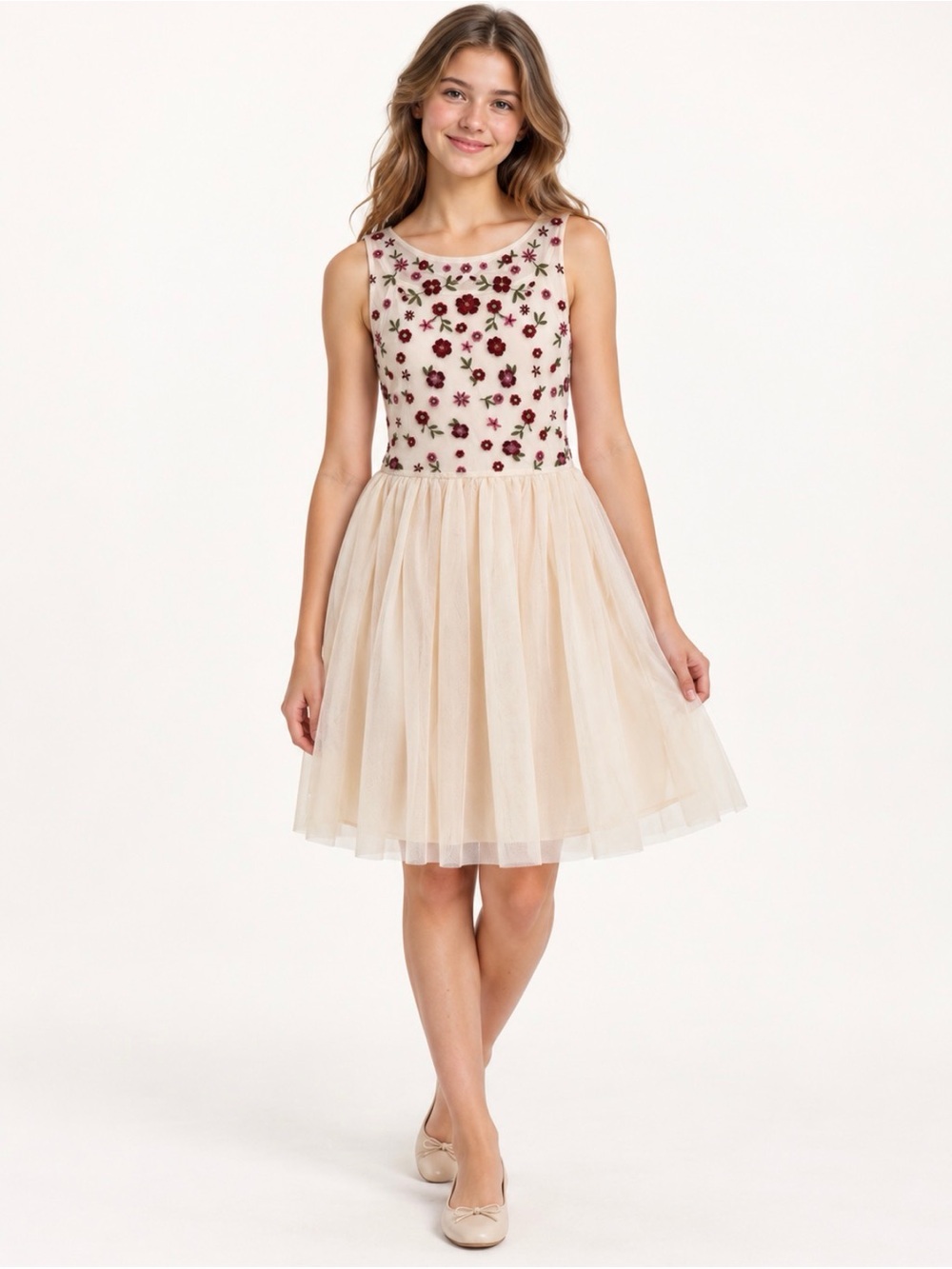 Girls Cream Tulle Dress with Maroon & Pink Floral Embroidery
